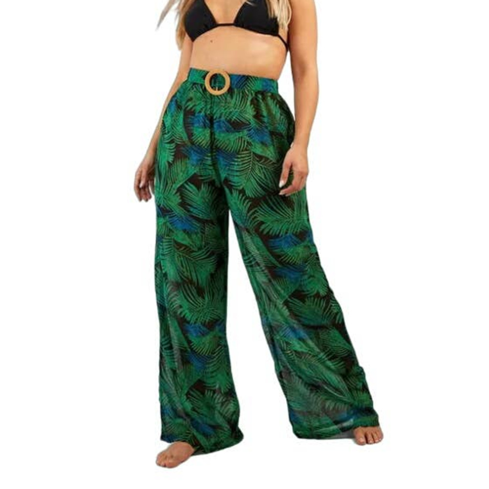 Boohoo Plus Palm Raffia Buckle Beach Palazzo Pants Black Green Women 12